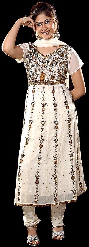 Ivory Anarkali Wedding Suit with Heavy Beadwork on Anchal