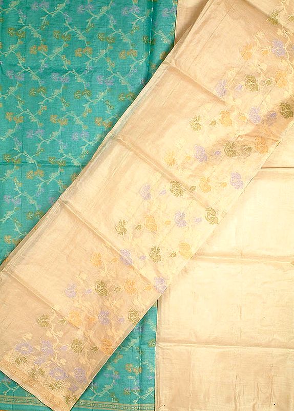 Ivory and Aquamarine Tussar Silk Suit with All-Over Jacquard Weave