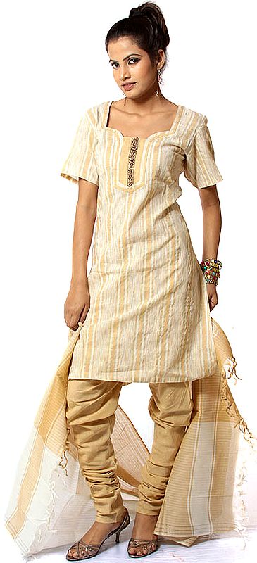 Ivory and Beige Salwar Suit with All-Over Weave