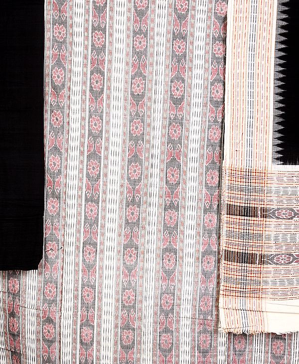 Ivory and Black Hand-woven Salwar Kameez Fabric from Sambhalpur with Ikat Weave and Temple Border