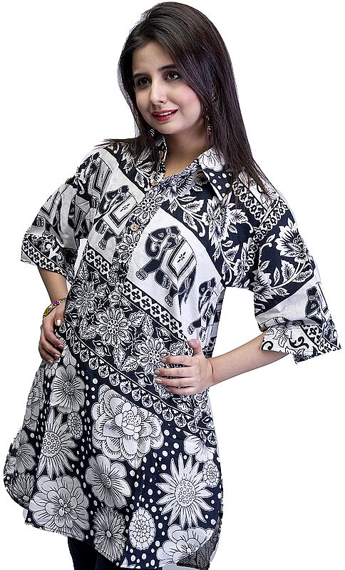 Ivory and Black Kurti from from Pilkhuwa with Printed Flowers and Elephants