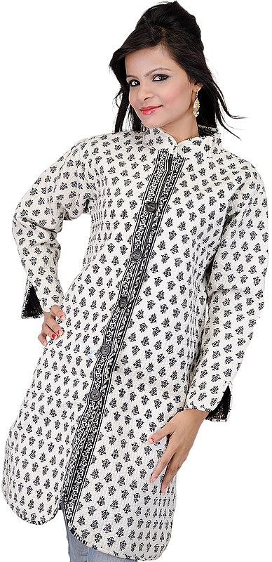Ivory and Black Reversible Layered Long Jacket from Pilkhuwa with Straight Stitch