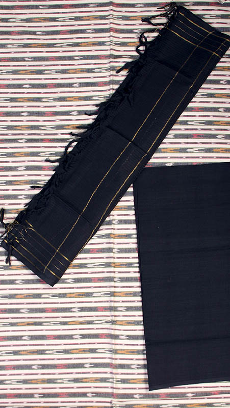 Ivory and Black Salwar Kameez Fabric with Ikat Weave