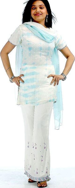 Ivory and Blue Batik Dyed Parallel Suit with Floral Embroidery and Sequins