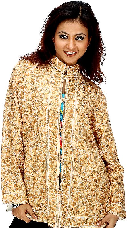 Ivory and Brown Jamawar Jacket with Dense Aari Embroidery