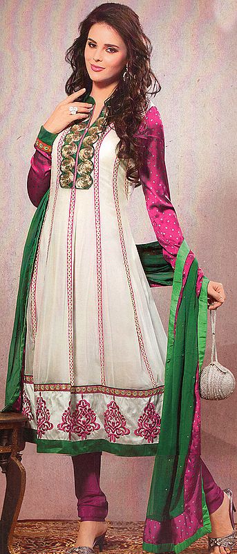 Ivory and Fuchsia Choodidar Flaired Suit with Crewel Embroidery and Sequins
