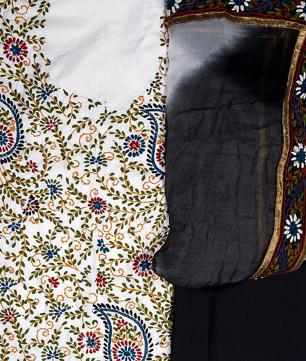 Ivory and Gray Phulkari Salwar Kameez Fabric From Punjab with Aari Embroidery