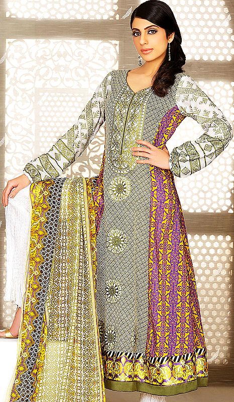 Ivory and Green Bukovina Long Salwar Suit from Pakistan with Embroidered Motifs and Silk Border