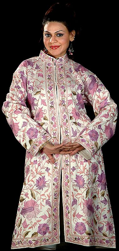 Ivory and Lilac Long Silk Jacket with Embroidered Tulips