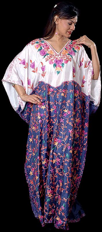 Ivory and Navy-Blue V-Neck Kaftan with Crewel Embroidery All-Over