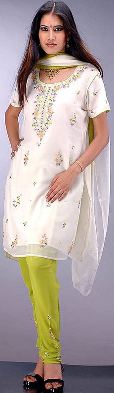 Ivory and Olive Floral Hand-Embroidered Choodidaar Suit