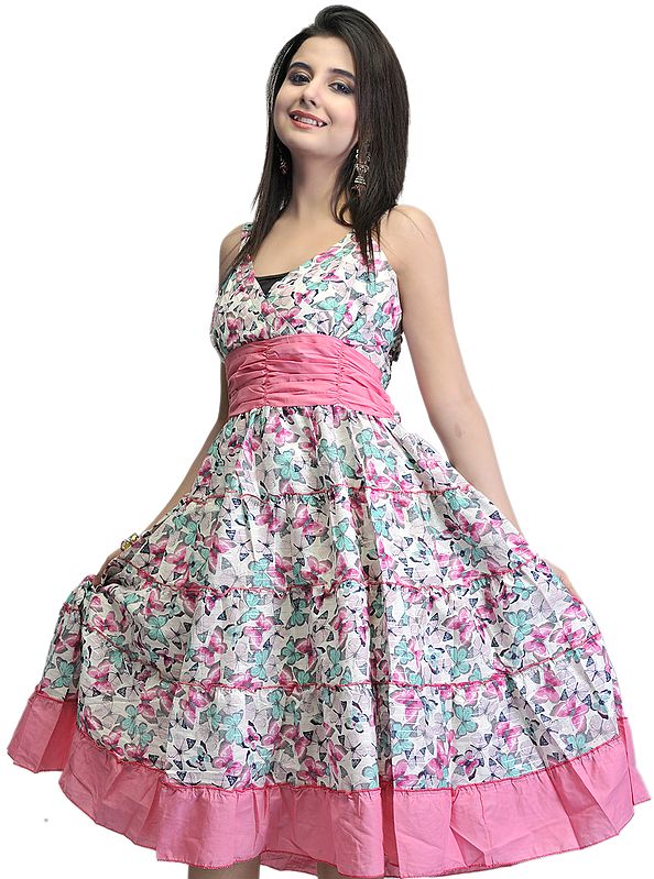 Ivory and Pink Barbie Dress with Printed Flowers