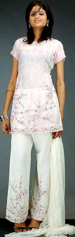 Ivory and Pink Batik Dyed Parallel Suit with Floral Embroidery and Sequins
