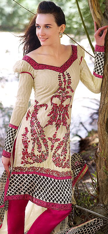 Ivory and Pink Choodidaar Suit with Large Embroidered Paisleys