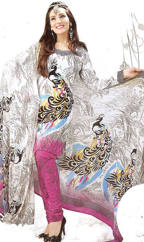 Ivory and Pink  Choodidaar Suit with Printed Peacocks All-Over