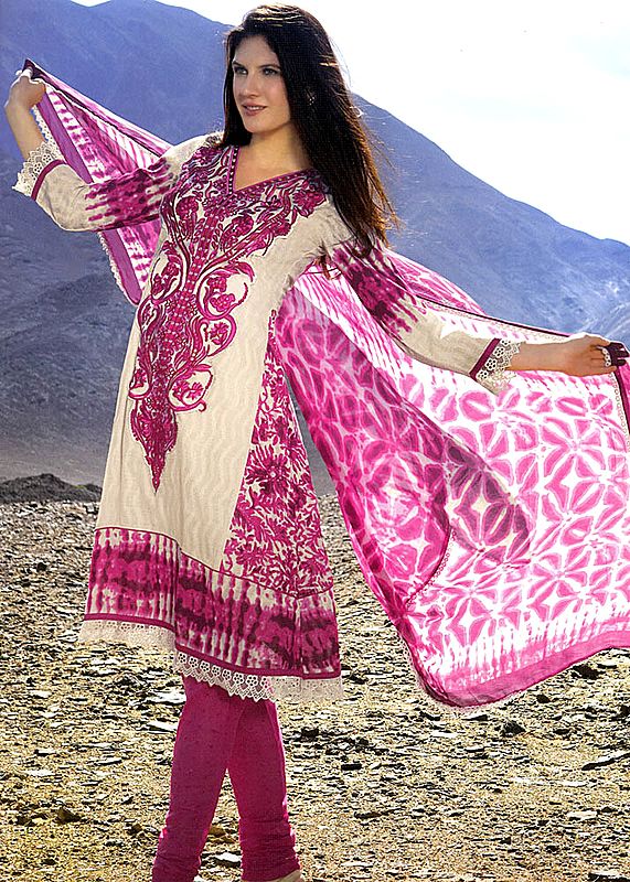 Ivory and Purple Batik-Printed Choodidaar Kameez Suit with Crewel Embroidery on Neck and Crochet Border