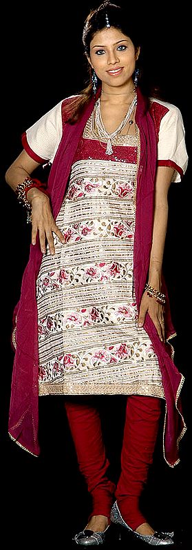 Ivory and Purple Designer Salwar Kameez Fabric with Persian Embroidery and Sequins