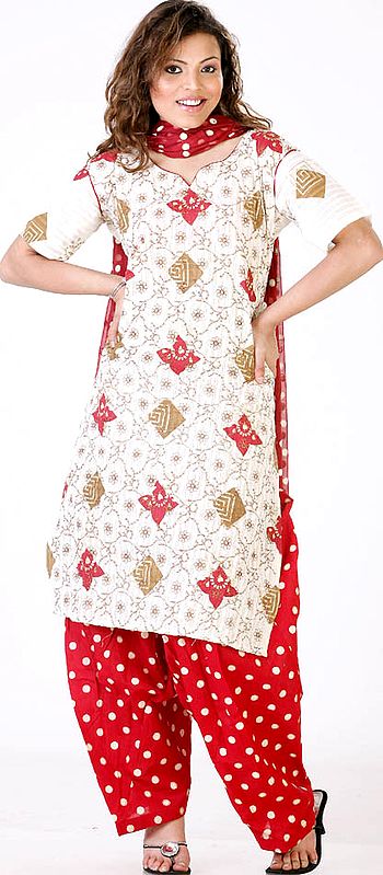 Ivory and Red Patiala Salwar Kameez with All-Over Threadwork and Golden Bootis