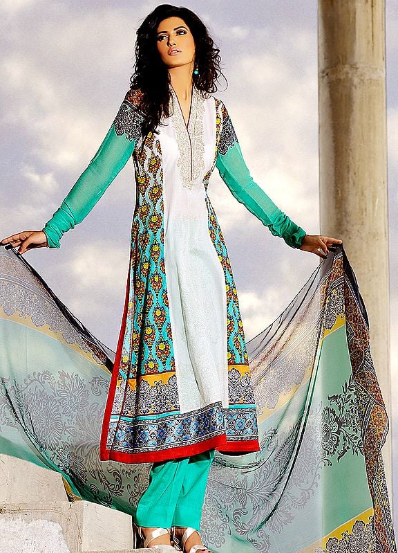 Ivory and Turquoise Splendour Shades Long Salwar Suit from Pakistan with Embroidered Neckline and Zari Lace