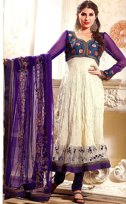 Ivory and Violet Flaired Choodidaar Kameez Suit with Woven Flowers and All-Over Thread Embroidery