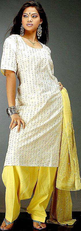 Ivory and Yellow Suit with Threadwork and Multi-Color Sequins