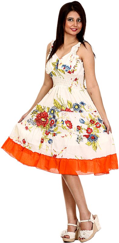Ivory Barbie Dress with Printed Flowers