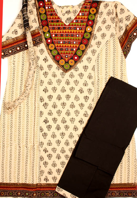 Ivory Block-Printed Suit from Kutch with Multi-Color Embroidery and Mirrors
