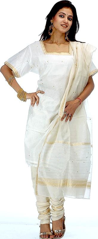 Ivory Chanderi Suit with Golden Bootis