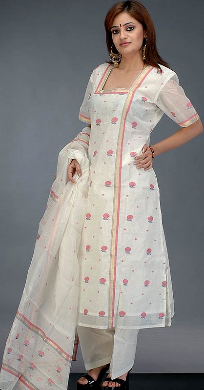 Ivory Chanderi Suit with Pink Bootis