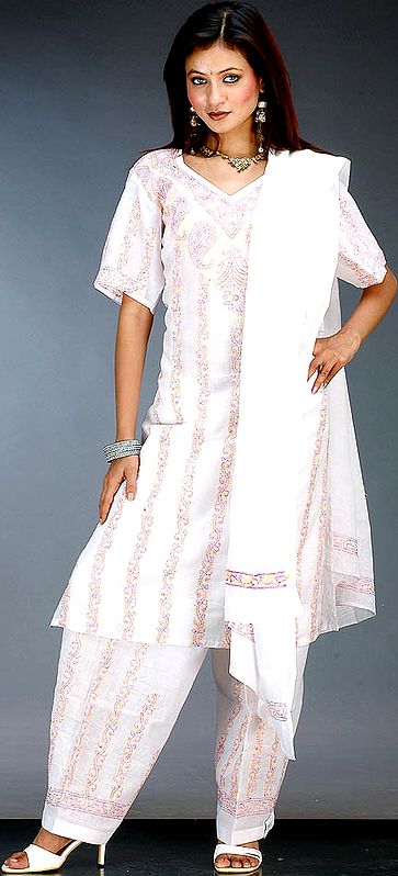 Ivory Chikan Suit with Paisley Embroidery