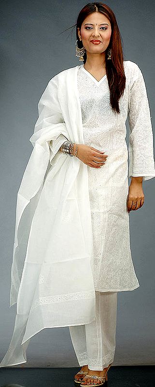 Ivory Choodidaar Chikan Suit from Lucknow with Mokaish Work