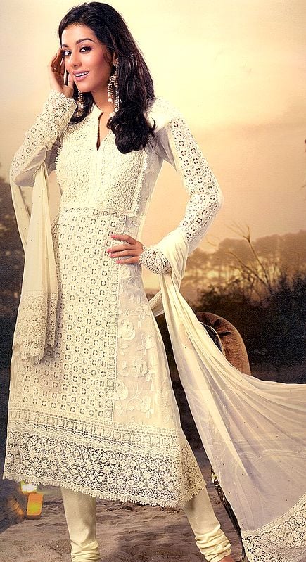 Ivory Choodidaar Kameez Suit with All-Over Crochet Embroidery