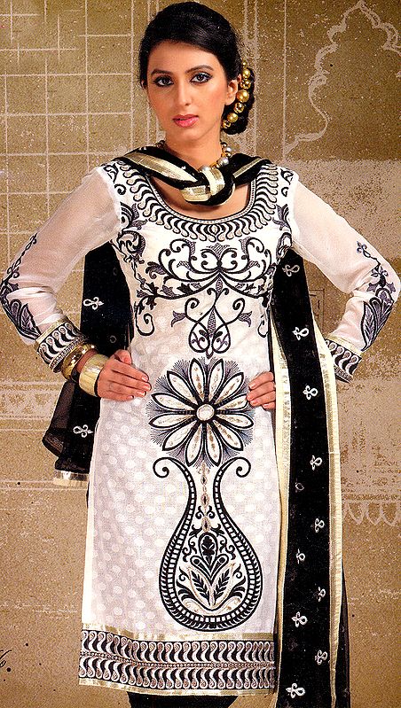 Ivory Choodidaar Kameez Suit with Aari Embroidery in Black Thread