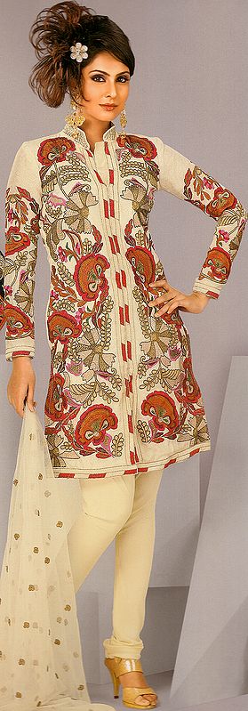 Ivory Choodidaar Suit with Floral Embroidered Kameez