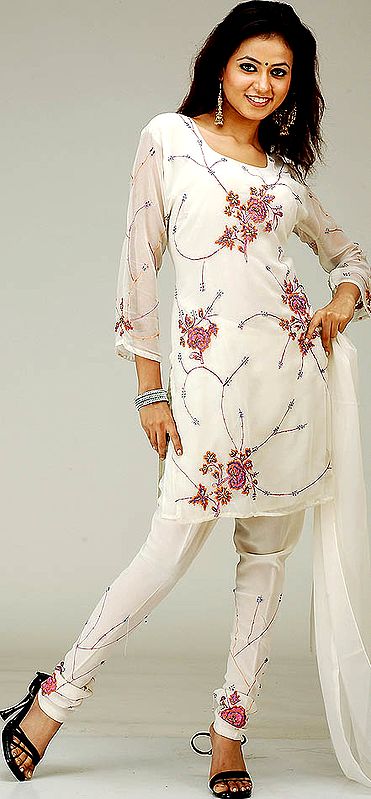 Ivory Choodidaar Suit with Floral Embroidery and Threadwork