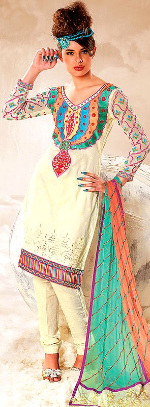 Ivory Choodidaar Suit with Multi-Color Crewel Embroidery on Neck and Patch Border