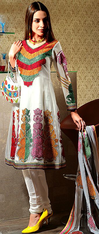 Ivory Choodidaar Suit with Tri-Color Embroidery on Neck and Patch Border