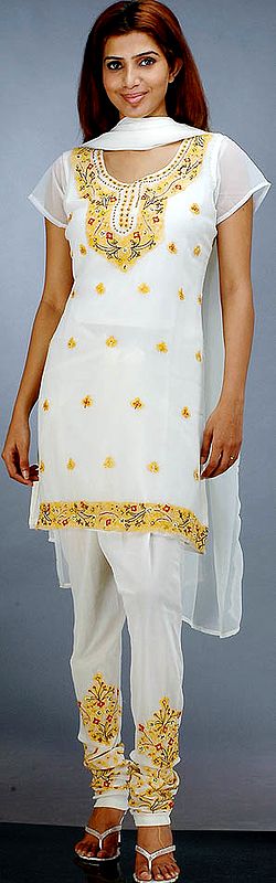 Ivory Choodidaar Suit with Yellow Embroidery