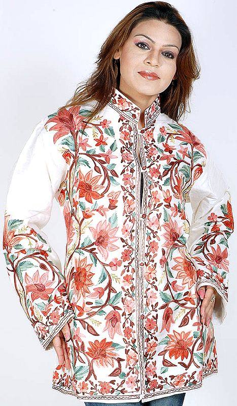 Ivory Crewel Embroidered Jacket from Kashmir
