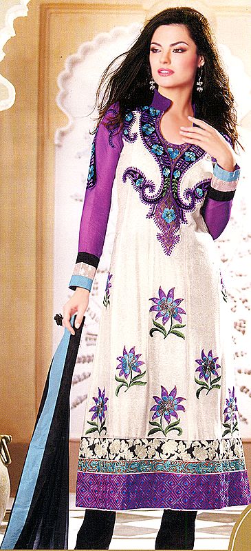 Ivory Designer Choodidaar Kameez Suit with Floral Embroidery and Self Weave