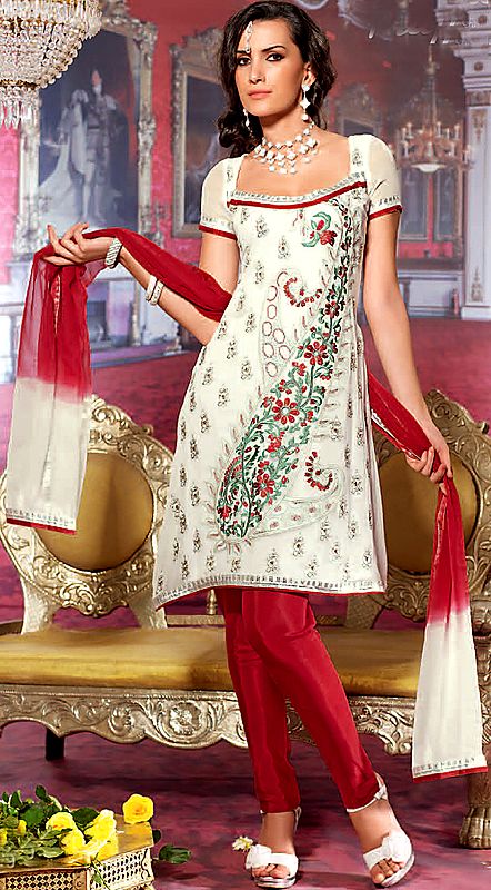 Ivory Designer Choodidaar Suit with Embroidered Giant Paisley and Flowers