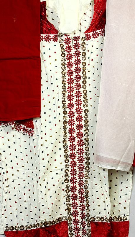 Ivory Designer Salwar Kameez Suit with Velvet Applique and Embroidered Bootis