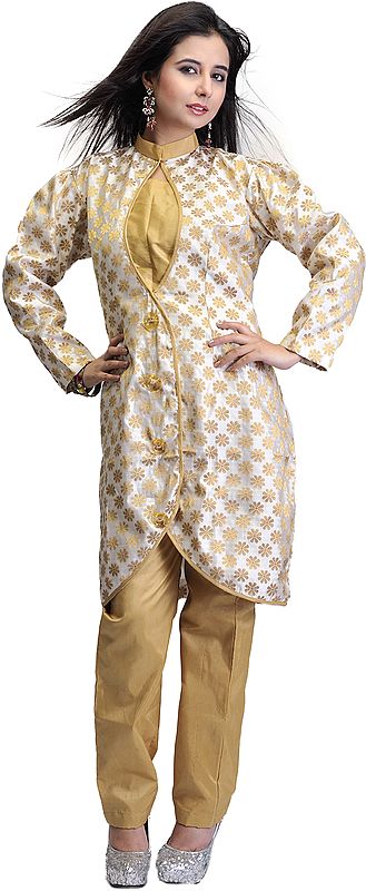Ivory Designer Three Piece Achkan Suit with Parallel Trousers