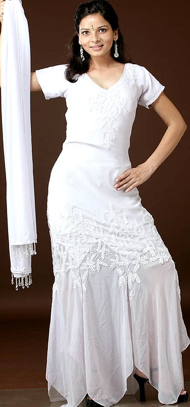 Ivory Evening Gown with Sequins and Beads