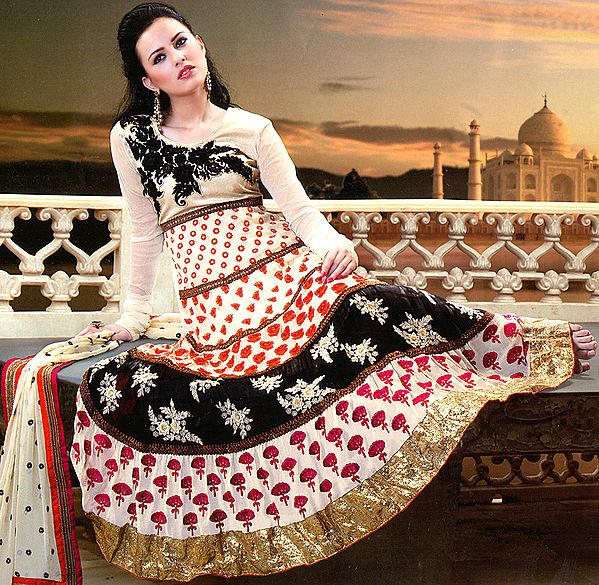Ivory Flared Kameez Suit with Crewel Embroidered Flowers and Wide Gota Border