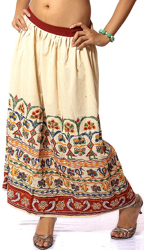 Ivory Hand-Embroidered Skirt from Kutchh with Mirrors