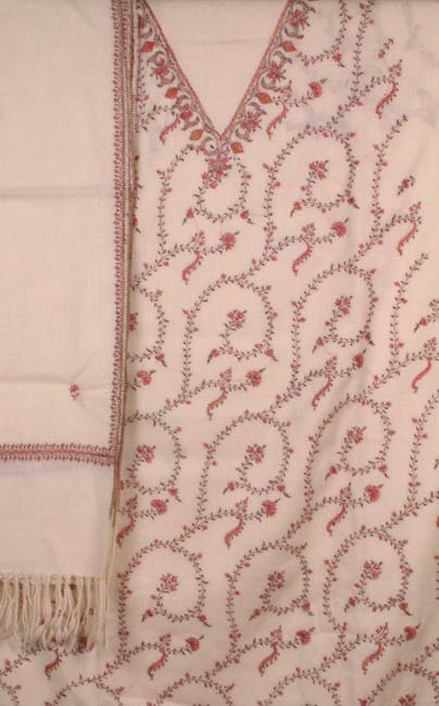 Ivory Hand-Embroidered Suit from Kashmir with Shawl