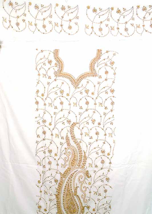 Ivory Handwoven Suit with Needle-Embroidery from Kashmir