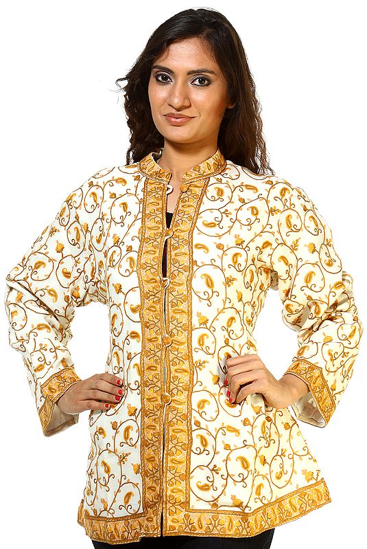 Ivory  Jacket From Kashmir with All-Over Hand Embroidered Paisleys