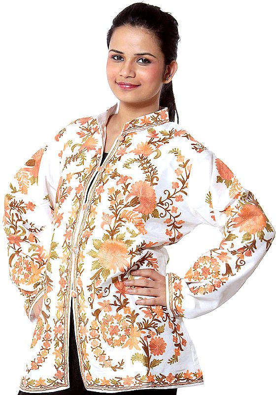 Ivory Jacket from Kashmir with Orange Embroidered Flowers